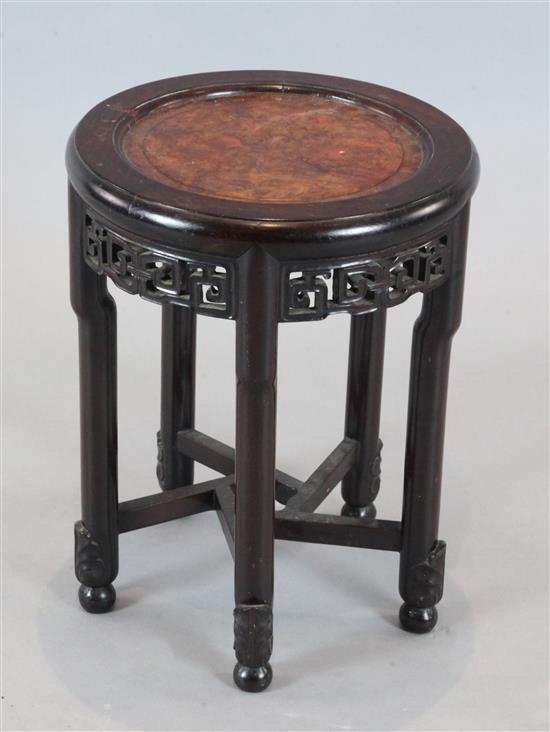An early 20th century Chinese hardwood occasional table, Diam. 1ft 3in. H.1ft 7.5in.